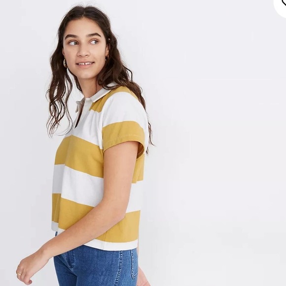 Madewell Boxy Polo Tee in Lefferts Stripe yellow white small - Picture 2 of 7